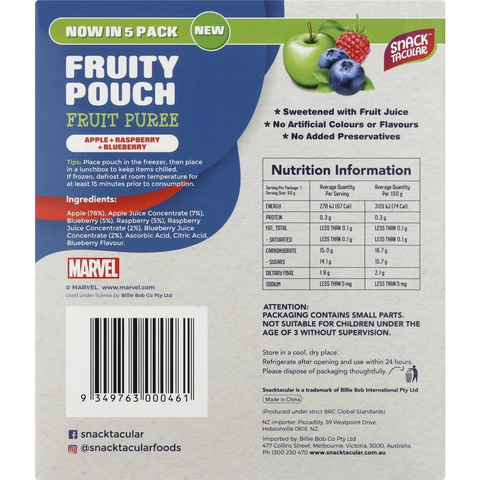Snacktacular Fruit Pouch Apple, Raspberry & Blueberry Puree 90g X 5 Pack