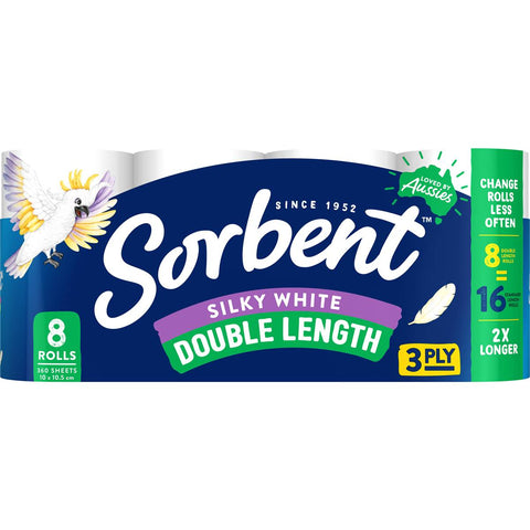 Sorbent Silky White Double Length Toilet Tissue 8 Pack