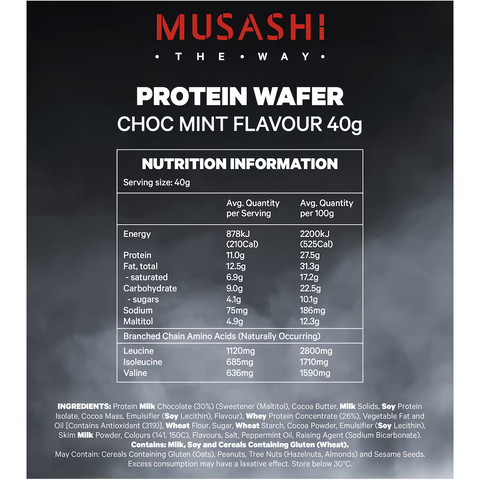 Musashi Wafer Protein Bar Chocolate Mint, Naturally Occuring Bcaas 40g