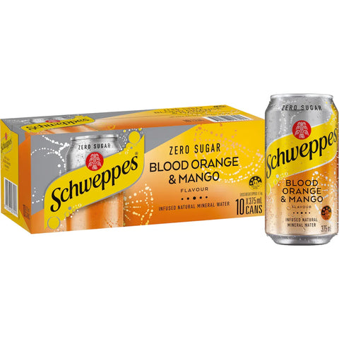 Schweppes Blood Orange Mango Infused Mineral Water Cans Multipack Zero Suger 375ml x 10 Pack