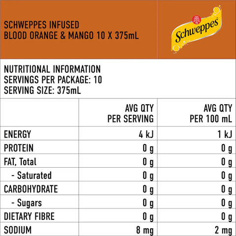 Schweppes Blood Orange Mango Infused Mineral Water Cans Multipack Zero Suger 375ml x 10 Pack