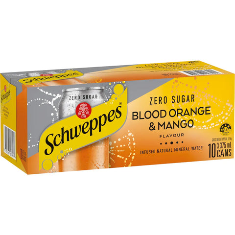 Schweppes Blood Orange Mango Infused Mineral Water Cans Multipack Zero Suger 375ml x 10 Pack