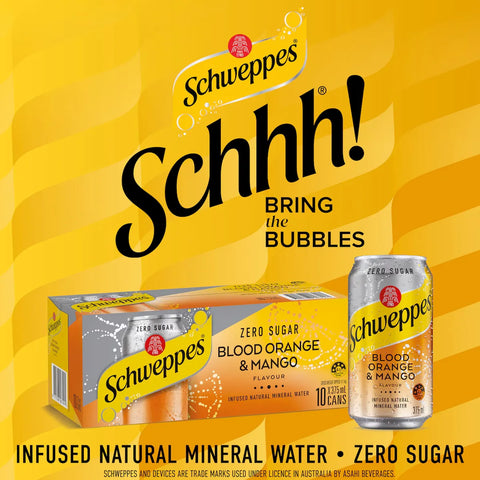 Schweppes Blood Orange Mango Infused Mineral Water Cans Multipack Zero Suger 375ml x 10 Pack