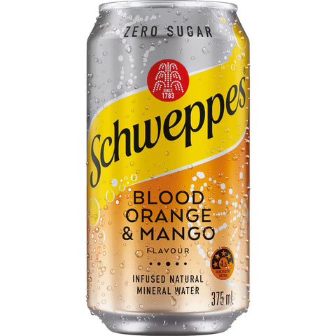 Schweppes Blood Orange Mango Infused Mineral Water Cans Multipack Zero Suger 375ml x 10 Pack