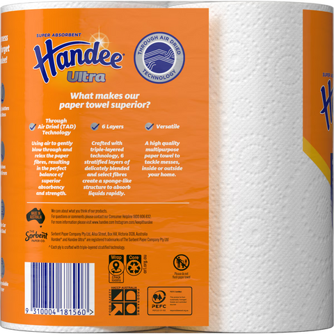 Handee Ultra Paper Towel White 120 Sheets 2 Pack