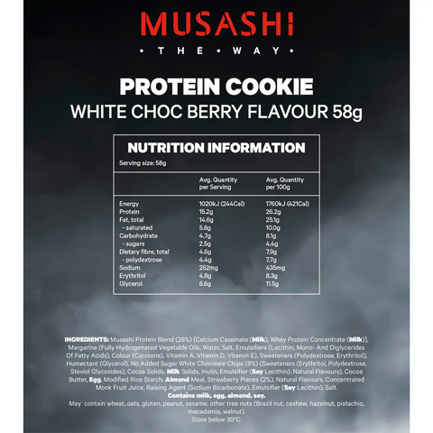 Musashi Protein Cookie White Chocolate Berry, Low Sugar, 58g