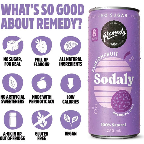 Remedy Passionfruit Sodaly Prebiotic Soda No Sugar Cans 250ml X4 Pack