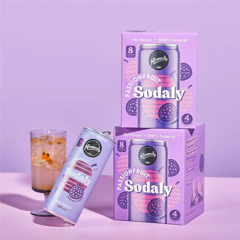 Remedy Passionfruit Sodaly Prebiotic Soda No Sugar Cans 250ml X4 Pack