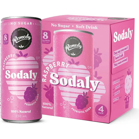 Remedy Raspberry Sodaly Prebiotic Soda No Sugar Cans 250ml X4 Pack