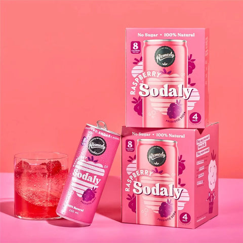 Remedy Raspberry Sodaly Prebiotic Soda No Sugar Cans 250ml X4 Pack