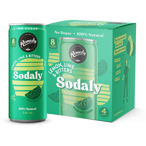 Remedy Lemon, Lime & Bitters Sodaly Prebiotic Soda No Sugar Cans 250ml X4 Pack