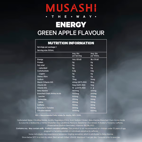 Musashi Energy Drink Zero Sugar Green Apple 500ml