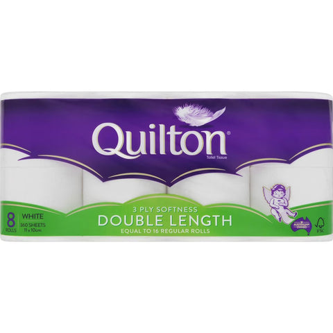 Quilton Double Length Toilet Tissue 3ply White 360 Sheets 8 Pack