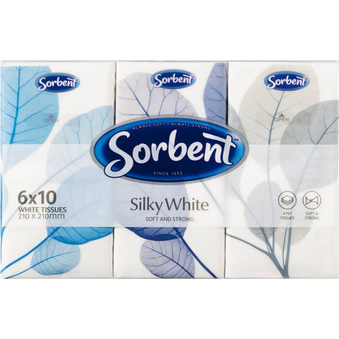 Sorbent Silky White Facial Tissues 4ply Pocket Pack 6 Pack