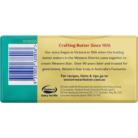 Western Star Butter Block Unsalted 250g