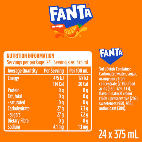 Fanta Orange Soft Drink Cans 375ml x24 Pack