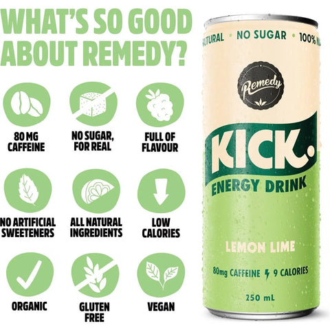 Remedy Kick Energy Drink Lemon Lime Cans 250ml X 4 Pack