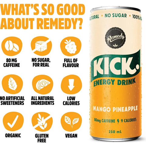 Remedy Kick Energy Drink Mango Pineapple Cans 250ml X 4 Pack