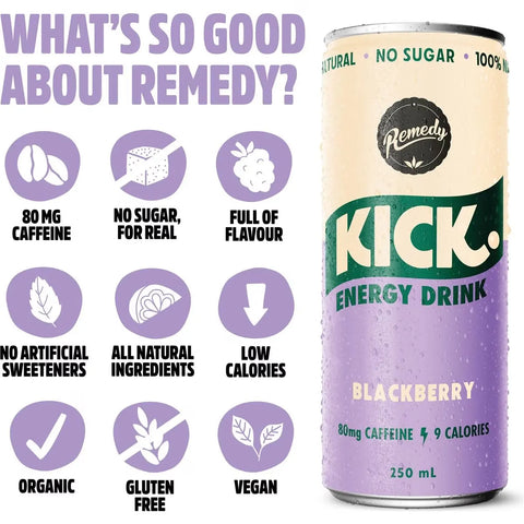 Remedy Kick Energy Drink Blackberry Cans 250ml X 4 Pack