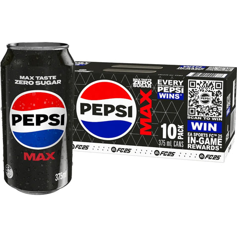 Pepsi Max No Sugar Cola Soft Drink Cans Multipack 375ml x 10 Pack