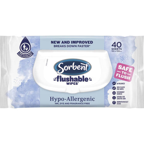 Sorbent Flushable Wipes Hypo-allergenic 40 Pack