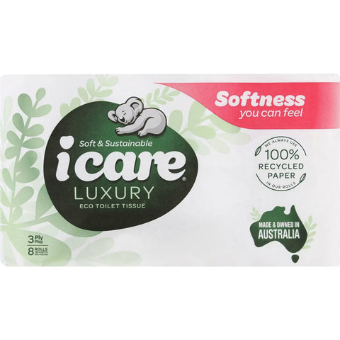 Icare 100% Recycled Toilet Tissue White 3 Ply 8 Pack