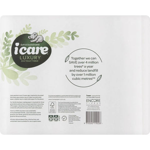 Icare 100% Recycled Toilet Tissue 3 Ply 180 Sheets 24 Pack