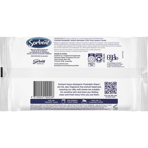 Sorbent Flushable Wipes Hypo-allergenic 40 Pack