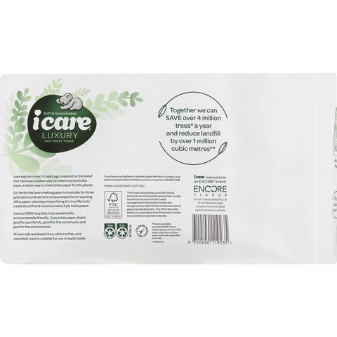 Icare 100% Recycled Toilet Tissue White 3 Ply 8 Pack