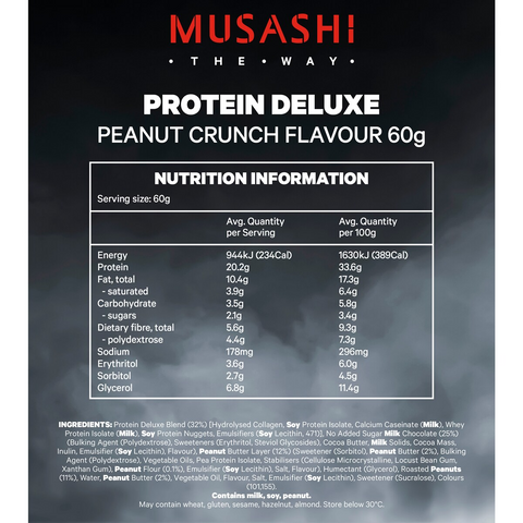 Musashi Deluxe Protein Bar Peanut Crunch, Low Sugar, 60g