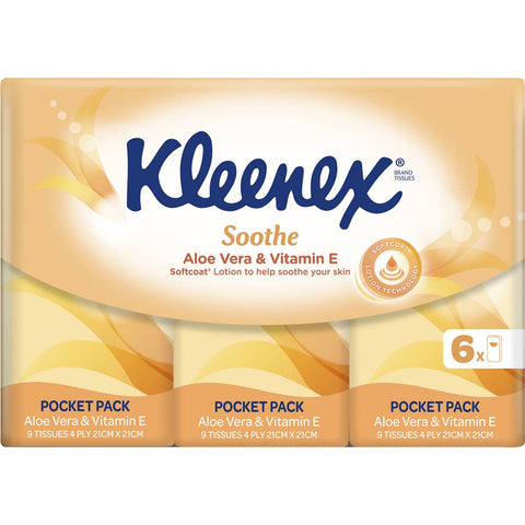 Kleenex Aloe Vera & Vitamin E 4 Ply Pocket Pack Facial Tissues 6 Pack