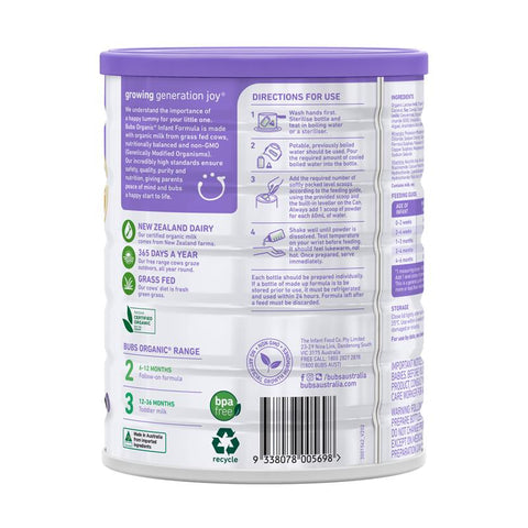 Bubs Organic Grass Fed Infant Formula Stage 1 800g