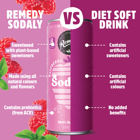 Remedy Raspberry Sodaly Prebiotic Soda No Sugar Cans 250ml X4 Pack