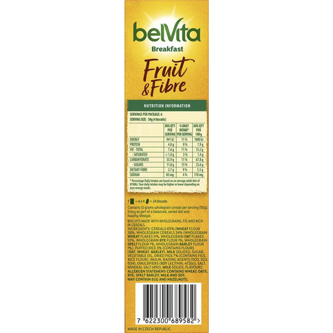 BelVita Fruit & Fibre Breakfast Biscuits 300g – a balanced source of fiber and wholegrains with a fruity twist.