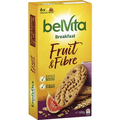 BelVita Fruit & Fibre Breakfast Biscuits 300g packaging showing biscuits with wholegrains and dried figs