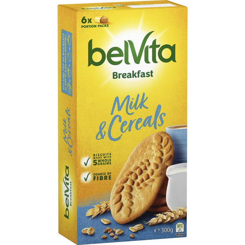 BelVita Milk & Cereals Breakfast Biscuits 6 Pack 300g packaging front view
