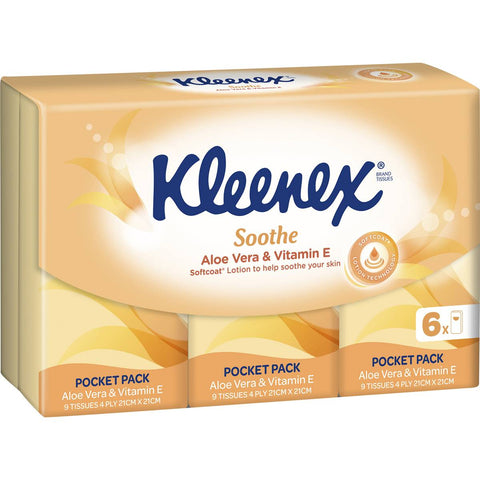 Kleenex Aloe Vera & Vitamin E 4 Ply Pocket Pack Facial Tissues 6 Pack