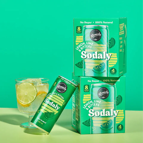 Remedy Lemon, Lime & Bitters Sodaly Prebiotic Soda No Sugar Cans 250ml X4 Pack