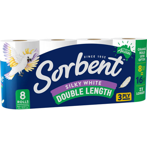 Sorbent Silky White Double Length Toilet Tissue 8 Pack