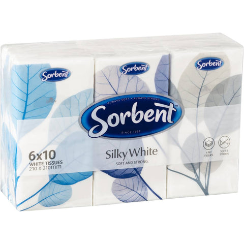 Sorbent Silky White Facial Tissues 4ply Pocket Pack 6 Pack