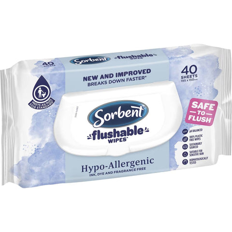 Sorbent Flushable Wipes Hypo-allergenic 40 Pack