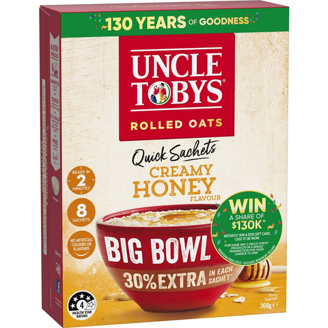 Uncle Tobys Oats Quick Sachets Big Bowl Creamy Honey Porridge 368g