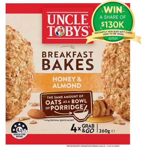 Uncle Tobys Oats Breakfast Bakes Cereal Bar Honey & Roasted Almond 260g