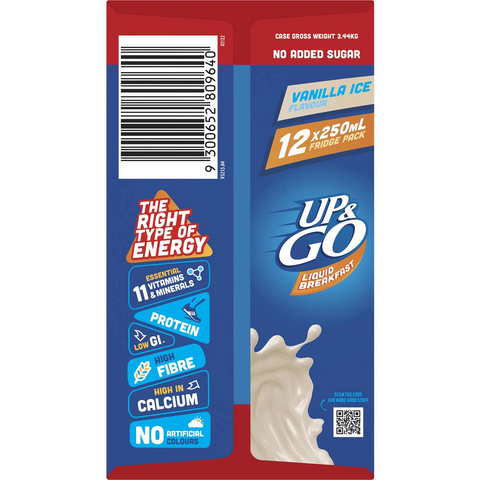 Sanitarium Up&go No Added Sugar Liquid Breakfast Vanilla Ice 12 Pack