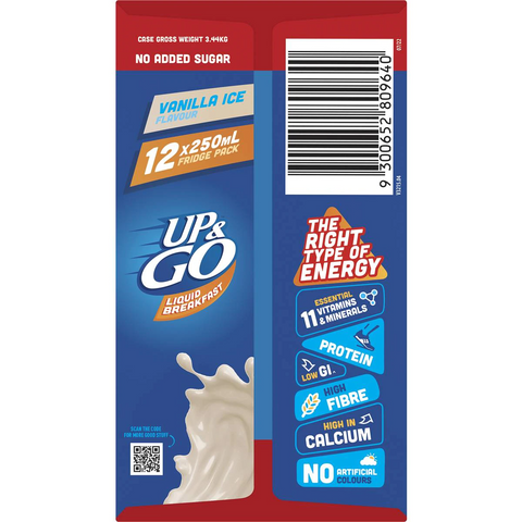 Sanitarium Up&go No Added Sugar Liquid Breakfast Vanilla Ice 12 Pack