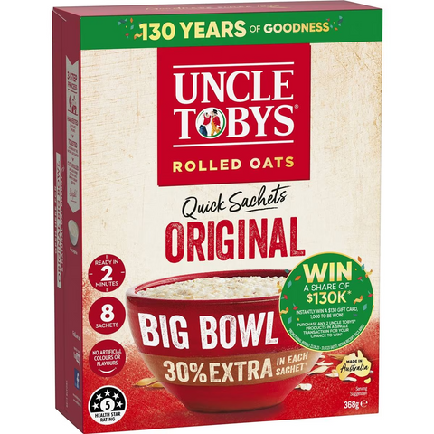 Uncle Tobys Oats Quick Sachets Big Bowl Original Porridge 368g