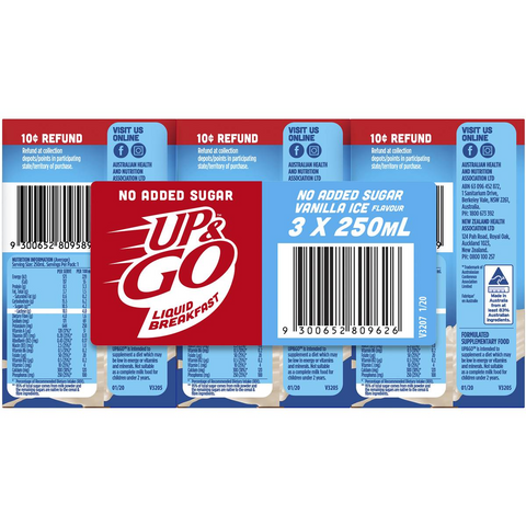 Sanitarium Up&go Liquid Breakfast No Added Sugar Vanilla Ice 250ml X3 Pack