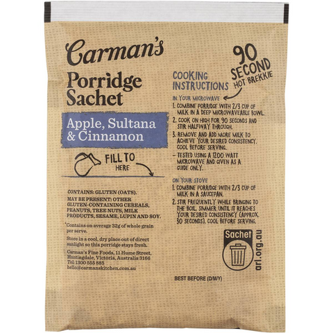 Carman's Gourmet Porridge Sachets Apple Sultana & Cinnamon 8x320g