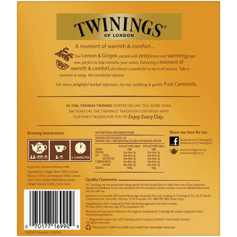 Twinings Tea Bags Lemon & Ginger 80 Pack