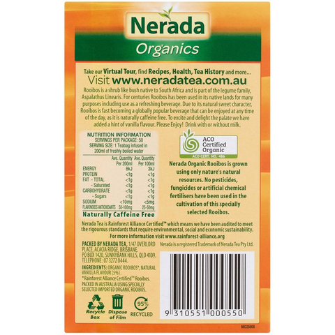 Nerada Organic Rooibos & Vanilla Tea Bags 50 Pack